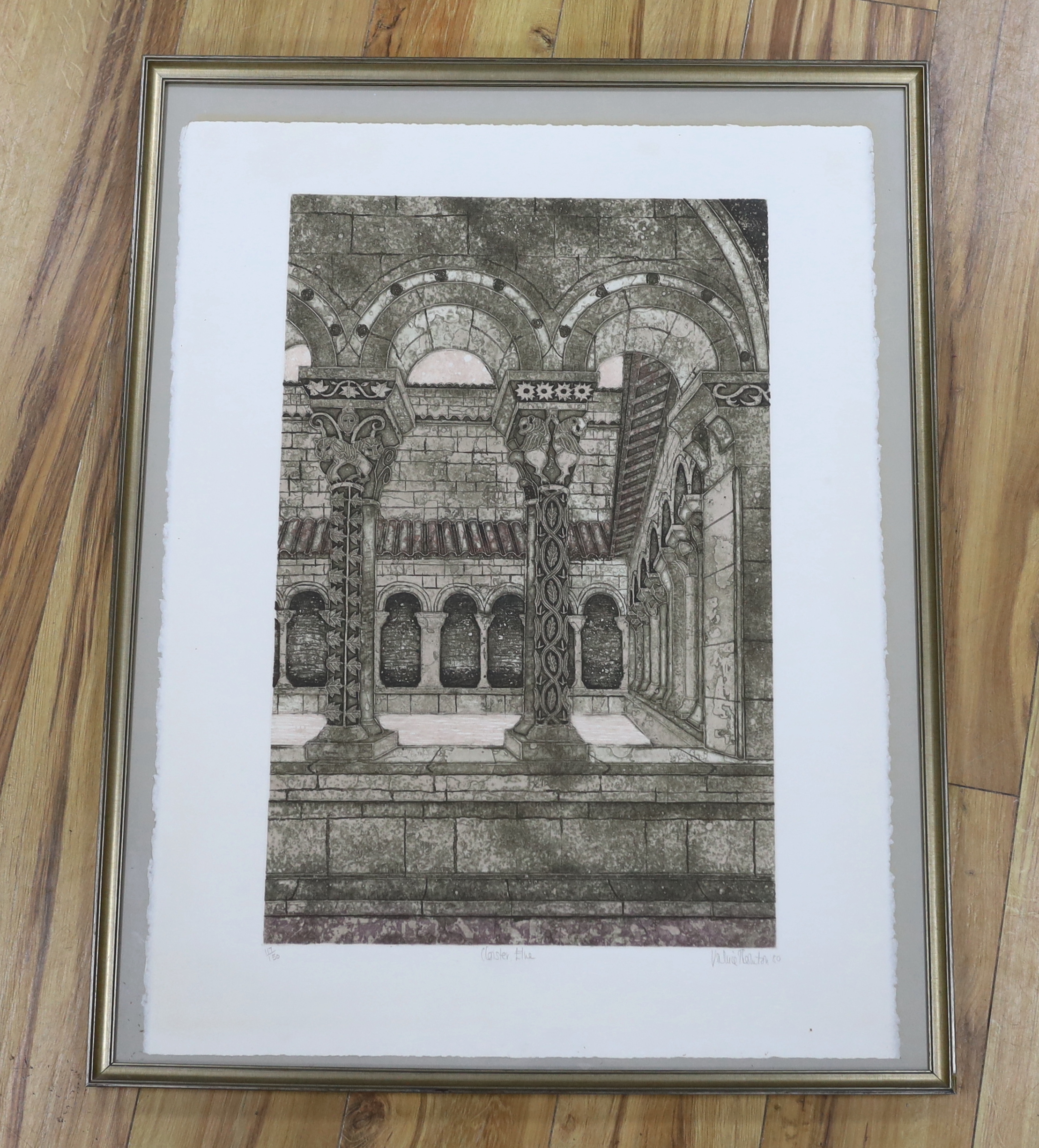 Valerie Thornton (1931–1991), etching and colour aquatint, 'Cloisters', signed in pencil, limited edition 117/150, 77 x 57cm
